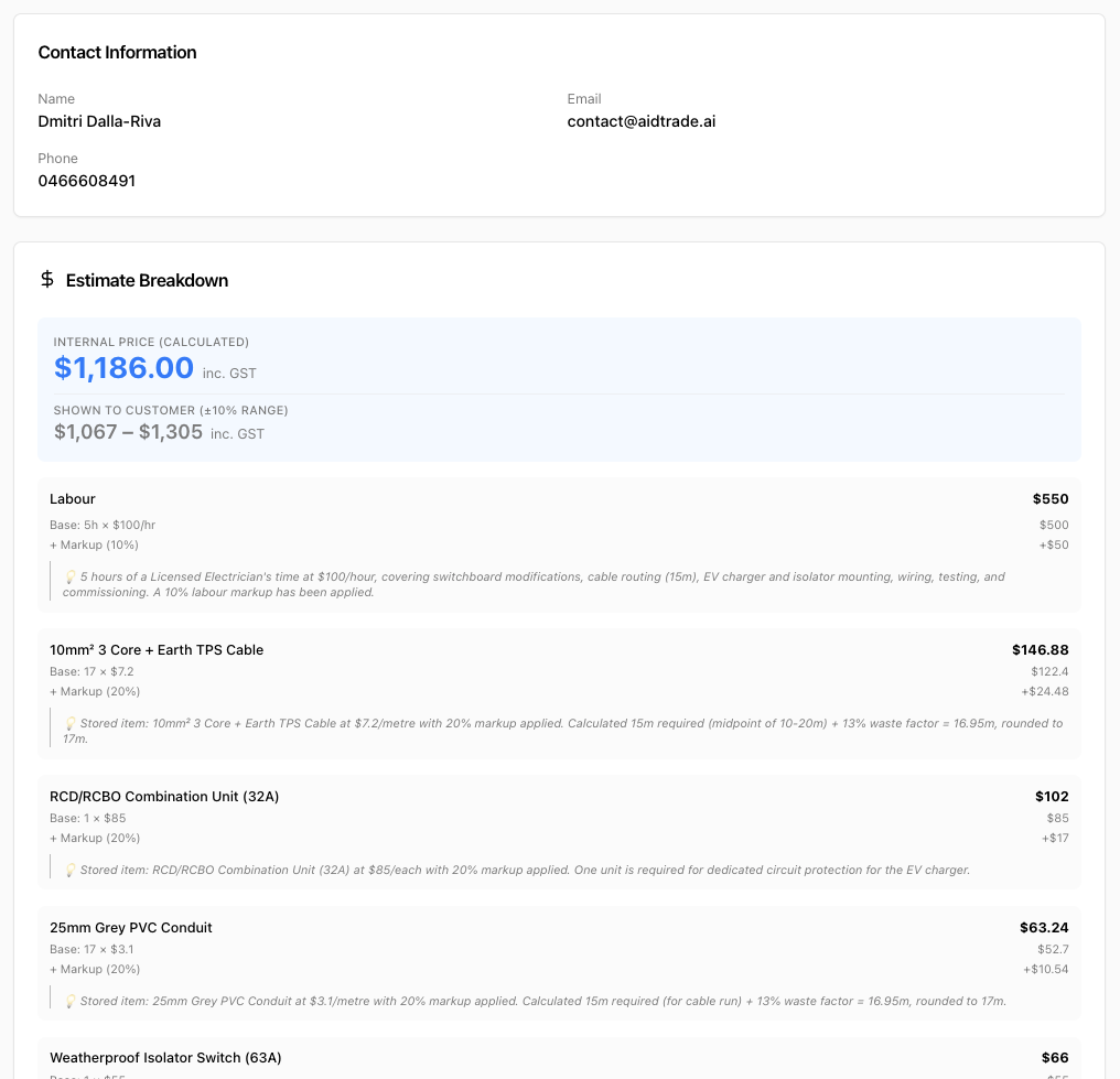 Aidtrade estimate breakdown showing labour, materials and total price for an electrical job