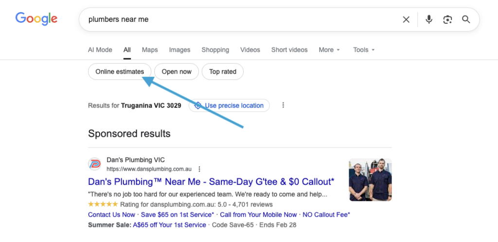 Google search results showing the 'Online Estimates' filter