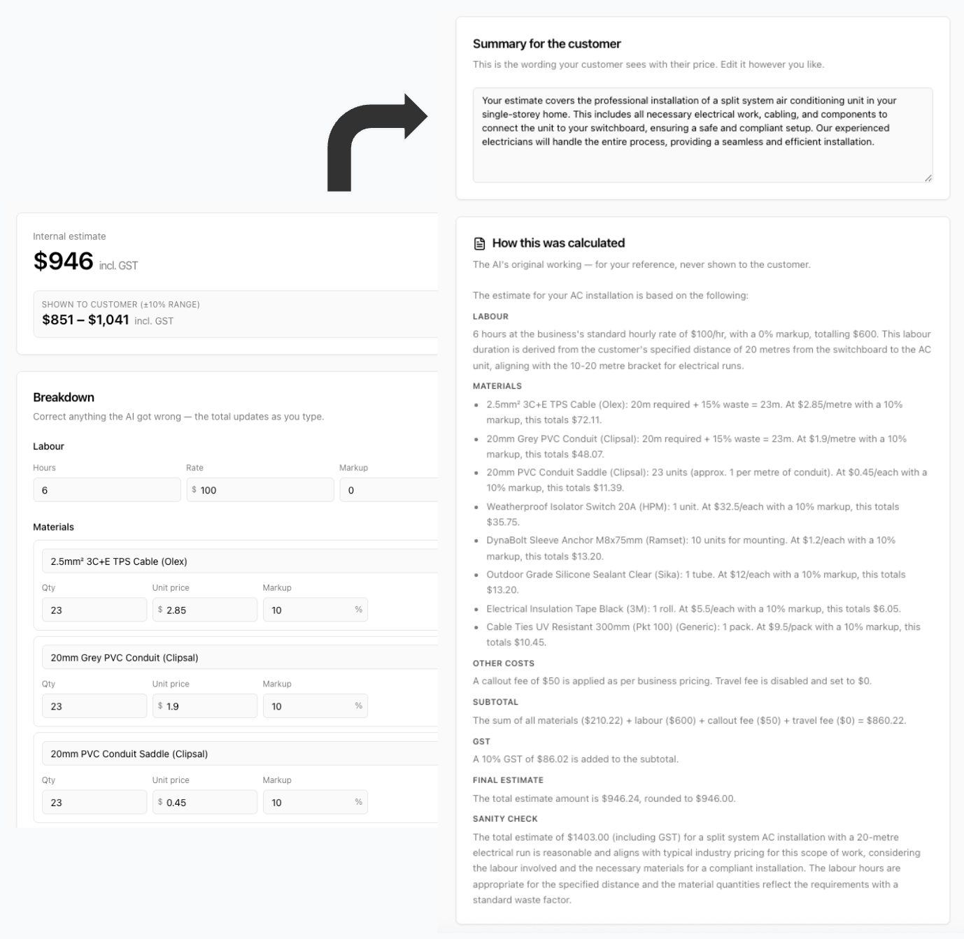 Aidtrade estimate breakdown showing labour, materials and total price for an electrical job