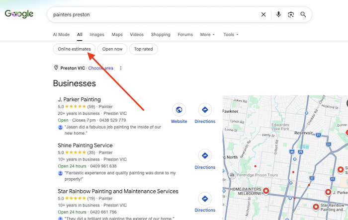 Google search results showing the new Online Estimates filter for local trade businesses