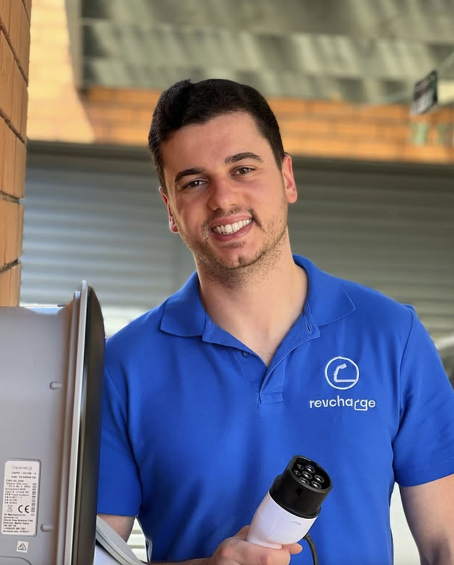 Dmitri Dalla-Riva, founder of Aidtrade, on site at a Revcharge EV charger installation
