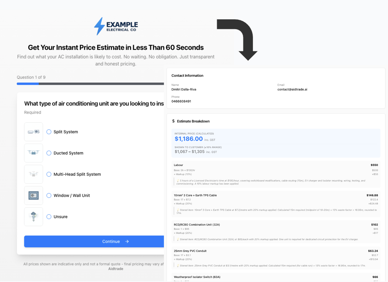 Aidtrade website estimator embedded on a trade business website