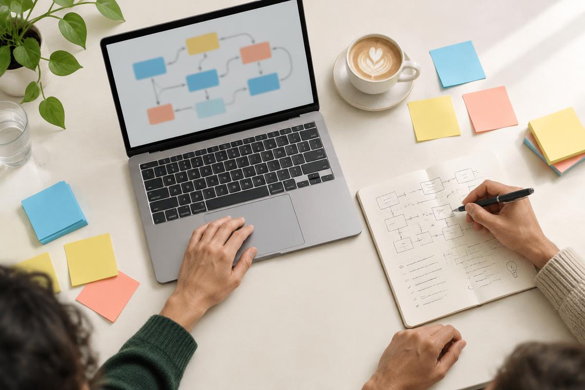 An overhead view of a workshop table with a laptop, colourful sticky notes and a handwritten notebook