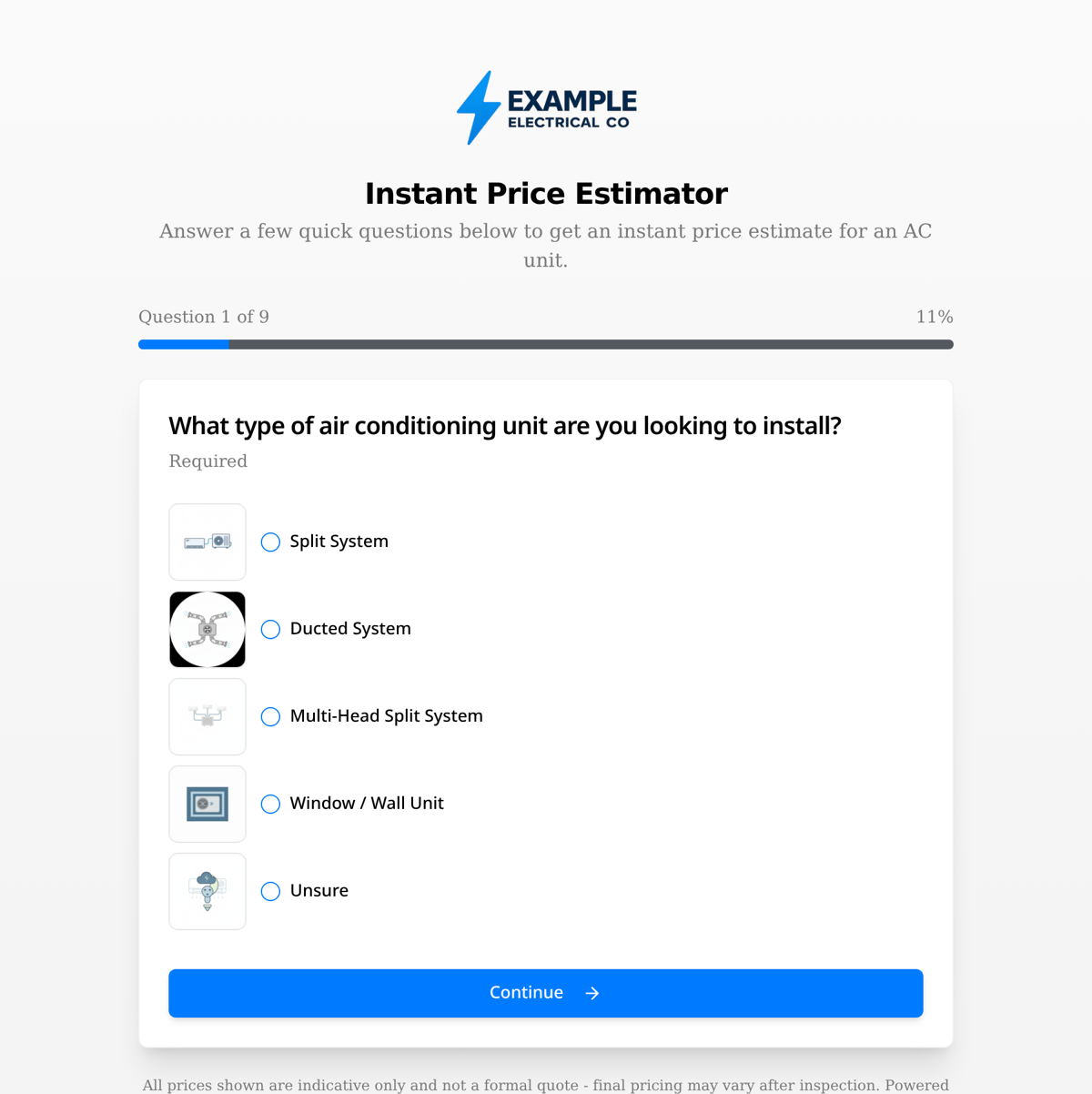 Aidtrade website estimator embedded on a trade business website